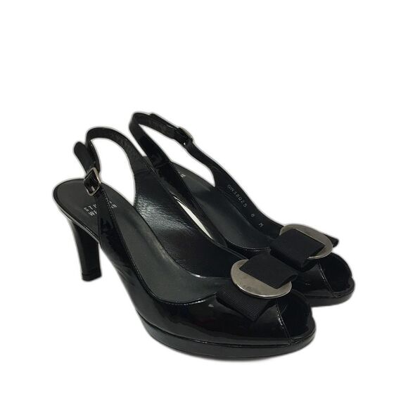 Stuart Weitzman Black Patent Leather Open Toe Slingback Classic Pumps 8 M - Picture 1 of 5